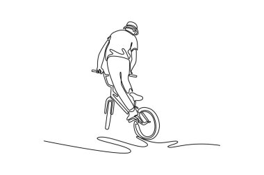 Sürekli olarak, kaykay parkında ekstrem sporlarda uzman genç bir adamın çizdiği bir çizgi. Serbest stil bmx numarası ve dublörlük pratiği yapan aktif şehirli bir adam. Tek çizgi çizimi tasarım vektörü grafik çizimi