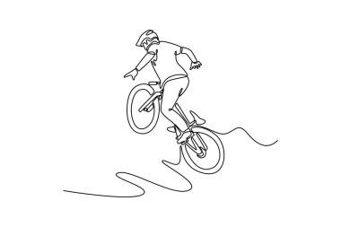 Tek sıra halinde, kaykay pistinde gidonu tutmadan serbest stil numaraları ve denge hareketleri yapan genç erkekleri çekiyor. Sağlıklı bir yaşam tarzı. Dinamik bir çizgi çizer grafik tasarım vektörü çizer