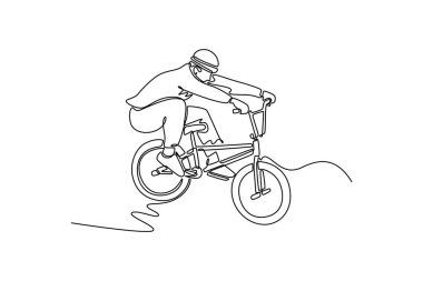 Tek sıra halinde genç BMX sürücüsünün bisiklet atlayışı yapması ve sokak rampası parkında hava numarası yapması. Ekstrem sporlar, adrenalin, hareket. Bir çizgi çizimi grafik tasarım vektör çizimi