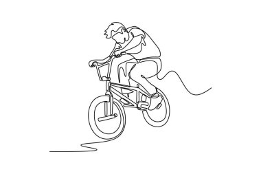 Bmx akrobatik egzersiz yapan aktif bir erkek sporcunun çizdiği tek çizgi. Becerikli BMX serbest atlayıcısı ve havadan atlama numarası yapıyor. Modern sürekli çizgi çizimi tasarım grafik vektör çizimi