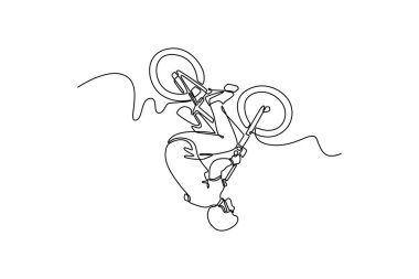 Tek sıra halinde profesyonel Bmx Bmx sürücüsü kaykay parkında numaralar ve numaralar yapıyor. X oyunlarına hazırlanan sıra dışı bir adam. Aralıksız çizgi çizimi tasarım grafik vektör çizimi