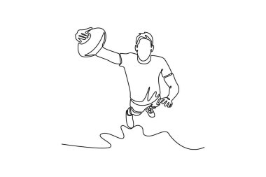 Profesyonel erkek rugby oyuncusunun çimlerde oynarken gol attığını gösteren bir çizgi devam ediyor. Antrenman seansında aktif sporcu. Tek çizgi çizimi tasarım vektörü grafik çizimi