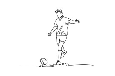Tek çizgi, erkek rugby oyuncusunun topa vurarak sahada gol atmasını sağlıyor, maç, antrenman. Fitness, hareket, enerji, beceri. Aralıksız çizgi çizimi tasarım grafik vektör çizimi