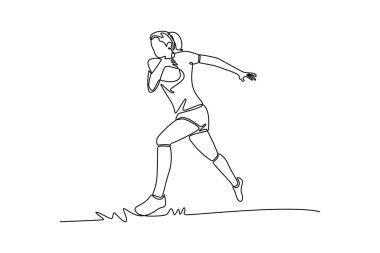 Dişi rugby oyuncusu sürekli bir çizgi çizerek sahada gol atmak için koşan topu kovalıyor. Spor, zindelik, hareket, enerjiyle hareket. Tek çizgi çizimi tasarım vektörü grafik çizimi