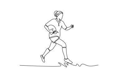 Stadyumda hareketli genç ve enerjik bayan rugby oyuncularını çeken bir çizgi devam ediyor. Profesyonel spor, rekabet, motivasyon, oyun, şampiyonluk. Tek çizgi çizimi tasarım vektörü grafik çizimi