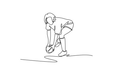 Profesyonel bayan rugby oyuncusunun çim sahasını tekmelemek için ragbi topu attığı tek çizgi. Aktif kadın atlet maça hazırlanıyor. Bir çizgi çizimi grafik tasarım vektör çizimi