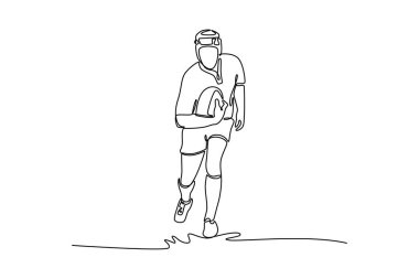 Tek çizgi, erkek rugby oyuncusunun antrenman için antrenman, spor ve yarışma becerisi. Maç için aktif sporcu antrenmanı. Aralıksız çizgi çizimi tasarım grafik vektör çizimi