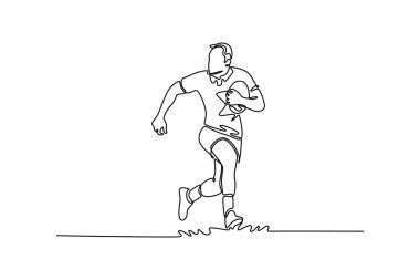 Tek çizgi, antrenman, sağlık ve fitness sporlarında koşan erkek rugby oyuncusu. Egzersiz, egzersiz ve profesyonel kariyer. Aralıksız çizgi çizimi tasarım grafik vektör çizimi