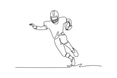 Genç ve çevik Amerikan futbolcunun gol çizgisine doğru hızla koştuğu bir çizgi devam ediyor. Sporcu iş başında. Spor, yarışma, turnuva. Tek çizgi çizimi tasarım vektörü grafik çizimi