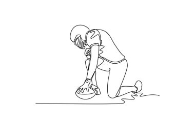 Yeşil sahada topu tutan genç Amerikalı futbolcuyu çeken tek sıra. Maç için hazırlık ulusal yarışmada başlıyor. Bir çizgi çizimi tasarım vektörü illüstrasyonu