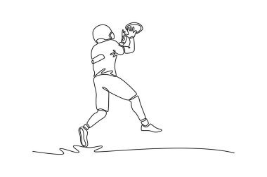 Amerikan futbolcusunun antrenman ya da oyun oturumunda pas atması. Erkek sporcu gol atmaya çalışırdı. Bir çizgi çizimi grafik tasarım vektör çizimi