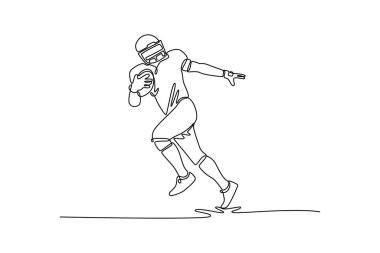 Spor üniformalı ve koruyucu ekipmanlı Amerikan futbolcusunu harekete geçiren tek çizgi. Spor, takım oyunu, enerji, başarı. Aralıksız çizgi çizimi tasarım grafik vektör çizimi