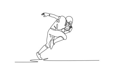 Tek çizgi çizen rekabetçi bir adam, sahada hareket eden Amerikan futbolcu, topla koşan, antrenman yapan. Spor müsabakası. Aralıksız çizgi çizimi tasarım grafik vektör çizimi