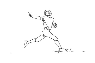 Tek sıra halinde Amerikan futbolcusunu spor giyimli, koruyucu kasklı aksiyon ve hareketli olarak çekiyor. Aktif sporlar, takım oyunu, enerji. Aralıksız çizgi çizimi tasarım grafik vektör çizimi