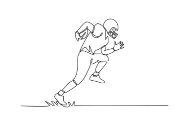 Bir çizgi çizerek Amerikan futbolcusu topu elinde tutuyor ve gol çizgisine doğru koşuyor. Spor, aksiyon, hareket. Aralıksız çizgi çizimi tasarım grafik vektör çizimi