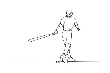 Beyzbol sopası ve spor giyim tarzıyla beysbol oyuncularını kendine güvenle geri çeken tek çizgi. Sahada erkek sporcu mutluluğu, egzersiz. Aralıksız çizgi çizimi tasarım grafik vektör çizimi