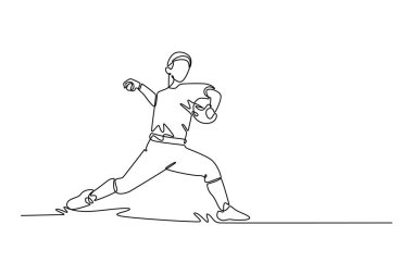 Tek bir çizgi, beyzbolcu bir sporcuyu rekabete, antrenmana, maça ya da antrenman antrenmanına odaklıyor. Beyzbol oyuncusu egzersiz yapıyor. Aralıksız çizgi çizimi tasarım grafik vektör çizimi