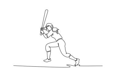 Devamlı bir çizgi, kadın beyzbol oyuncusunun güçlü kol kaslarıyla beyzbol sopasını tutarak sahada topa vurmasını bekliyor. Sporcu maça hazır. Tek çizgi çizimi tasarım vektörü grafik çizimi