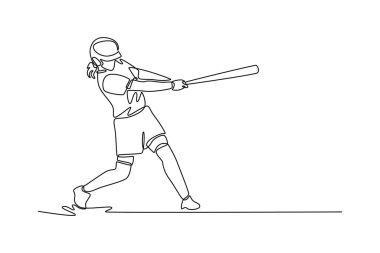 Beyzbolcu bayanları çeken bir çizgi sürekli olarak stadyumdaki egzersiz sahasında topa vuruyor. Beyzbol atleti sopayı sallıyor. ABD oyun yarışması. Tek çizgi çizimi tasarım vektörü grafik çizimi