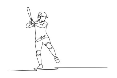 Tek sıra halinde bayan beyzbol sopasıyla sahada topa vurmayı bekliyor. Odaklanmış oyuncu dışarıda eğlenceli bir oyun oynuyor. Bir çizgi çizimi grafik tasarım vektör çizimi