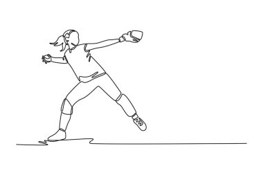 Çekici beysbol oyuncularını çeken bir çizgi sürekli topu stadyuma atıyor. Spor sahasında antrenman için yarışan bayan atıcı. Tek çizgi çizimi tasarım vektörü grafik çizimi