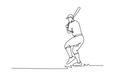 Stadyumda sürekli beysbol oynayan tek bir oyuncu var. Beyzbol sopası topa vurmak için bekliyor. Spor, takım oyunu, yarışma. Bir çizgi çizimi grafik tasarım vektör çizimi