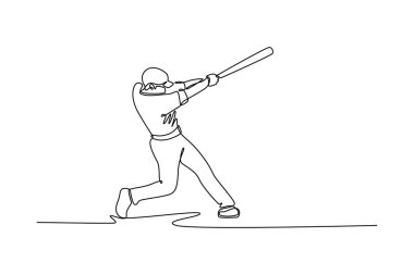 Tek sıra halinde beysbol erkek atleti açık hava spor sahasında hızla sopayı savuruyor. Beyzbol oyuncusu egzersiz sahasında topa vurdu. Bir çizgi çizimi grafik tasarım vektör çizimi