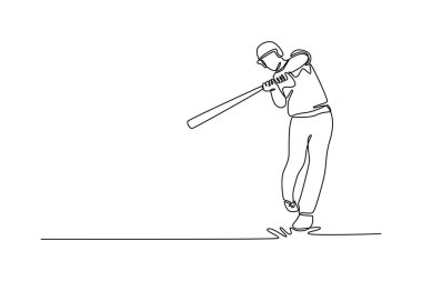 Devamlı tek çizgi halinde beyzbol oyuncusu vuruşunu yapıyor ve büyük arenada topa vuruyor. Stadyum sahasında spor antrenmanı maçı. Bir çizgi çizimi grafik tasarım vektör çizimi