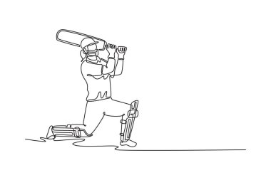 Kriket oyuncusunun stadyumda topa vurduğu tek çizgi. Profesyonel yarışma ve antrenman için spor eldivenli bayan sporcu. Bir çizgi çizimi grafik tasarım vektör çizimi