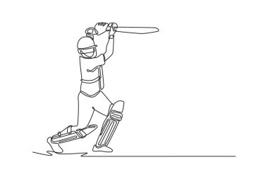 Yazın maçta tek çizgi halinde ön görüş, aktif erkek kriket oyuncusu ve bowling oyuncusu. Yeşil sahada yerel kriket maçı oynanıyor. Aralıksız çizgi çizimi tasarım grafik vektör çizimi