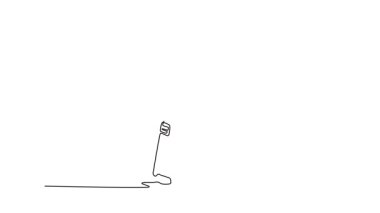 Çizgiyi sürekli çizen hareketli çizim yan görüş oyuncusu kriket oyuncusu topa stadyumda vuruyor. Profesyonel yarışma için spor eldivenli bir erkek atlet. Tam uzunluktaki tek çizgi canlandırması