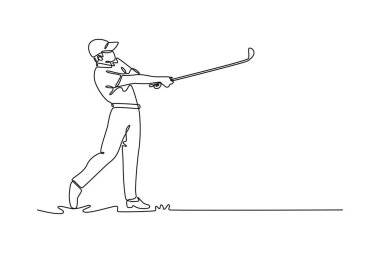Sürekli bir çizgi halinde erkek golfçü güçlü vuruşunu zarif bir takiple bitiriyor, atletik hareketi, zarafeti ve mükemmel vuruşun memnuniyetini tasvir ediyor. Tasarım vektörü illüstrasyonu