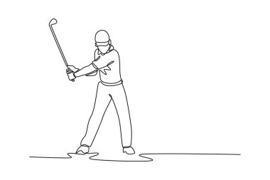 Tek sıra, golfçü bir adamın golf vuruşunu çiziyor ve erkek atletin hareketini ve duruşunu vurguluyor. Spor, sağlıklı yaşam tarzı. Aralıksız çizgi çizimi tasarım grafik vektör çizimi