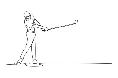 Güçlü bir düşüş sırasında aktif bir erkek golfçüyü sürekli çeken bir çizgi. Mükemmel bir golf atışı için gereken yoğun odaklanma, atletik hareket ve hassasiyeti tasvir ediyor. Tasarım vektörü grafik illüstrasyonu
