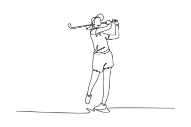 Sırtüstü uzanan sürekli bir çizgi, golfün atletik ve zarif hareketini, yetenek, güç ve zarafeti tasvir ediyor. Tasarım vektörü illüstrasyonu