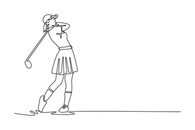 Tek çizgi halinde, güçlü vuruşunu zarif bir şekilde tamamlayan kadın golfçü zarafet, atletizm ve güzellik sporunu resmediyor. Aralıksız çizgi çizimi tasarım grafik vektör çizimi