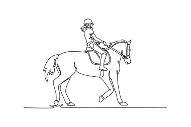 Zarif bir at üzerinde zarif bir yürüyüş yapan kadın jokey binicisinin durmaksızın çizdiği çizgi sakin ortaklığı, zarif zarafeti ve binici ile hayvan arasındaki derin bağı tasvir ediyor. Vektör illüstrasyonu