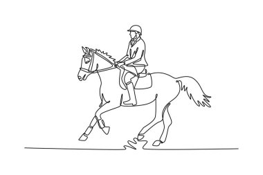 Bir çizgi insan zarif bir ata biniyor, zarif bir ortaklık, yetenek ve binicilik sporunun derin bağlantısını ve disiplinini tasvir ediyor. Hobi, eğitim, sağlıklı yaşam tarzı.