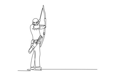 Genç bir adamın okçuluk çalışmasını gösteren bir çizgi. Odaklandı, ok ve yay tutuyor, atışa hazır. Spor, antrenman, yarışma. aralıksız çizgi çizimi tasarım grafik vektör çizimi