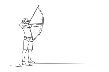 Profesyonel erkek okçunun yayını çekerken ve ok atarken durmaksızın çizdiği çizgi. Yoğun odaklanma, hassasiyet, okçuluk sporunun zarif hareketi. Tek çizgi çizimi grafik tasarım vektörü çizimi