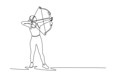 Aralıksız çizgi, ok ve yayla çekici bir kadın çiziyor. Okçuluk sporu için zarifçe duruş ve yoğun konsantrasyon gösteriliyor. Tek çizgi çizimi tasarım vektörü grafik çizimi