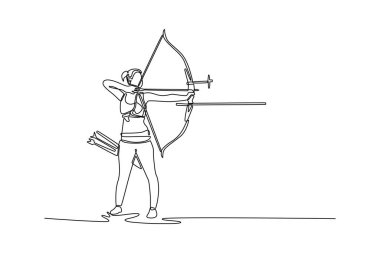 Odaklanmış tek çizgi çizen kadın, yinelenen yayını hedefliyor. Kararlılık, güç ve kendini adamış okçunun özgüvenli yeteneği. Modern sürekli çizgi çizimi tasarım grafik vektör çizimi