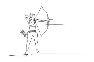 Aralıksız çizgi çizerek atletik pozisyonda kadın okçu, yayını ve okunu doğrultuyor. Kadın gücünü, sağlıklı yaşam tarzını ve yeteneğini temsil ediyor. Tek çizgi çizimi tasarım vektörü grafik çizimi