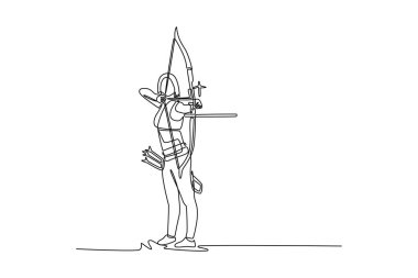 Güzel kadın okçunun ok ve yayla atış yapmaya hazırlandığı bir çizgi. Odaklanan bayan atlet ve okçuluk yarışmasında konsantrasyon. Devamlı çizgi çizimi tasarım vektörü illüstrasyonu
