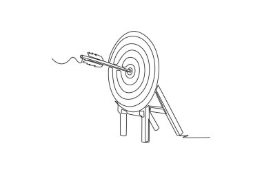 Tek bir okun sürekli çizimi hedefin merkezine isabet eder. Sembolik bir hassasiyet, mükemmel bir atış ve başarılı bir hedef. Bir çizgi çizimi grafik tasarım vektör çizimi