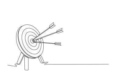 Merkezinde üç ok bulunan bir hedefin sürekli çizimi yüksek doğruluğu, hassasiyeti ve hedeflere odaklanmayı simgeler. Tek çizgi çizimi tasarım vektörü grafik çizimi