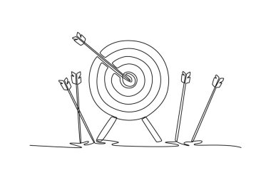 Hedefin bir çizgi çizimi, bir hedef oku ve kaçırılan birkaç ok. Başarıyı, başarısızlığı ve hedeflerine ulaşmayı sembolize ediyor. Aralıksız çizgi çizimi tasarım grafik vektör çizimi