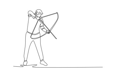 Okçuluk sporunun ve disiplininin yoğun odaklanma, hassasiyet ve zarif hareketini tasvir eden yay çizen bir erkek okçu çizimi. Tasarım vektörü illüstrasyonu