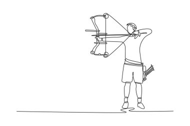 Bir çizgi, erkek okçunun ok ve yayını hedef alarak spor için gereken yoğun konsantrasyonu ve beceriyi yakalar. Aralıksız çizgi çizimi tasarım grafik vektör çizimi