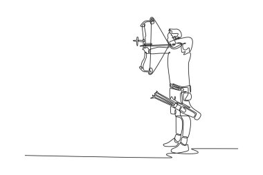 Sportif adam okçunun yayını çektiği ve okunu nişan aldığı tek çizgi yoğun odak ve hassasiyeti gösteriyor. Erkek okçuluk turnuvası için antrenman yapıyor. Grafik tasarım vektör çizimi